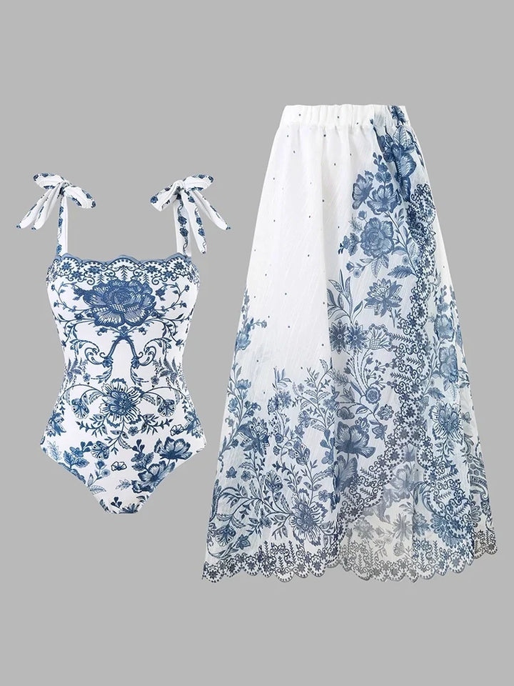 Floral Bow Tie One-Piece Swimsuit Set