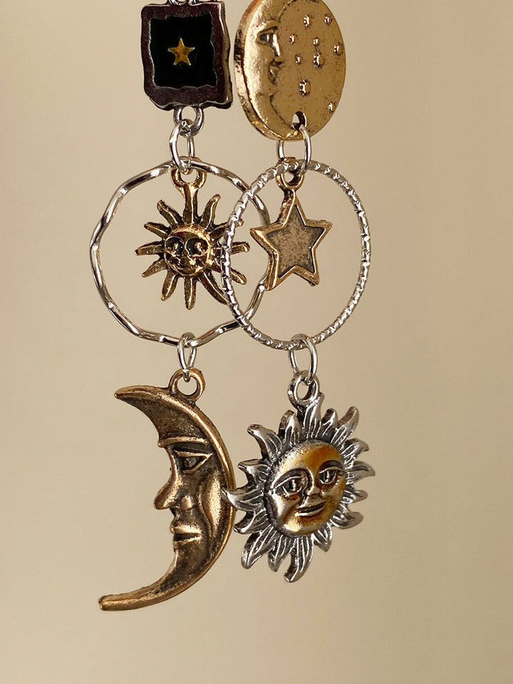 Boho Earrings - Bronze Tassel Sun Moon Asymmetrical