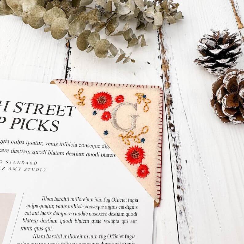 Hand Embroidered Felt Triangle Page Stitched Corner Bookmark