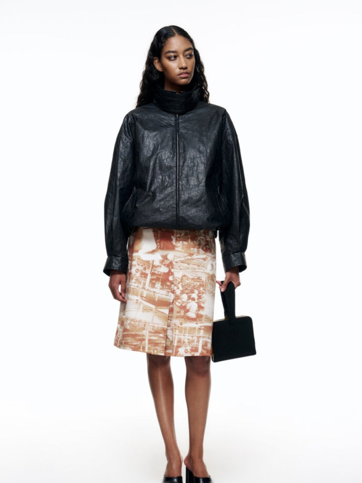 Terracotta Industrial Print Pleated Midi Skirt