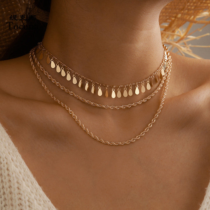 Tassel  Boho Necklace - 3 Layers Disc Clavicle Chain