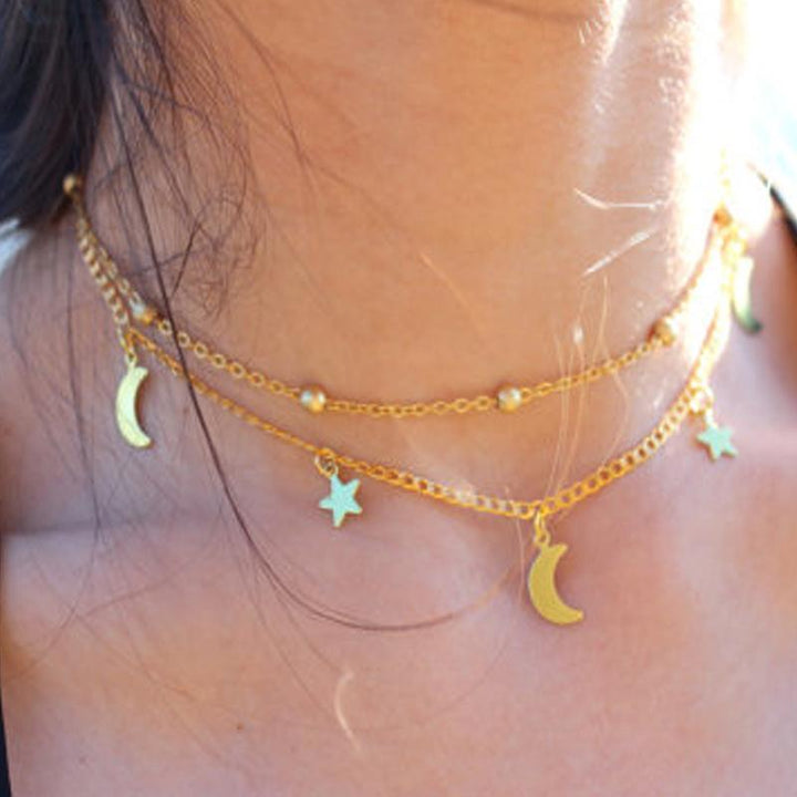 Tassel Boho Necklace - Celestial Layered Star & Moon