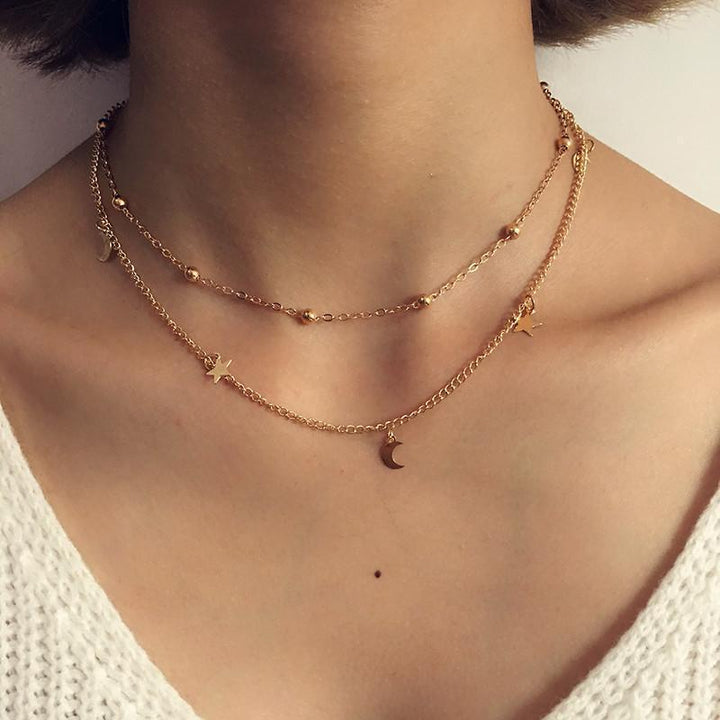 Tassel Boho Necklace - Celestial Layered Star & Moon